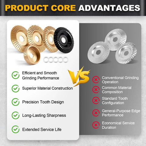 Comparison of five piece wood carving disc set and standard discs highlighting performance and service advantages.