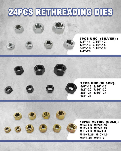 51 Piece Thread Repair Kit With Taps, Dies, Files And Gauges For UNC, UNF And Metric Threads, 24 pieces rethreading dies layout