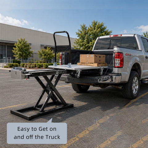 Electric Hydraulic Lift Table Cart Featuring Plug And Play One Touch Operation With Slick Retractable Scissor Frame For Smooth Cargo Hauling Heavy Duty Mobile Dolly That Folds Flat positioned at a truck bed.