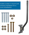 Universal Steel J Mount TV Antenna Bracket shown with hardware kit for outdoor or attic installation, featuring a durable black mast.