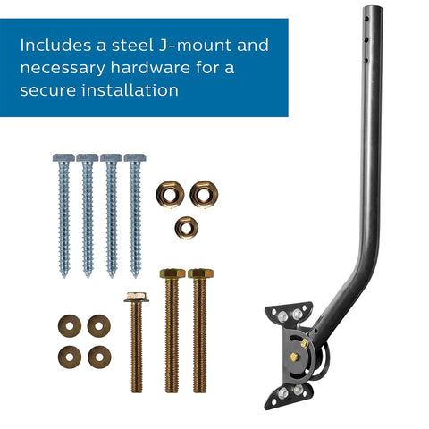 Universal Steel J Mount TV Antenna Bracket shown with hardware kit for outdoor or attic installation, featuring a durable black mast.