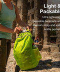 Person with green lightweight collapsible day pack for travel and everyday use 18L capacity, water-resistant and packable