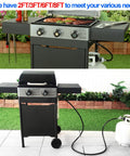 Two Foot Propane Gas Grill Regulator And Hose connected to a gas grill on a patio with green background