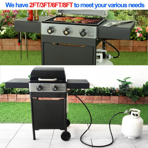 Two Foot Propane Gas Grill Regulator And Hose connected to a gas grill on a patio with green background