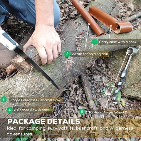 Heavy Duty Hand Auger Wood Drill for Bushcraft and Camping with Beefed Up Welds Hex Head shown with folding saw and accessories