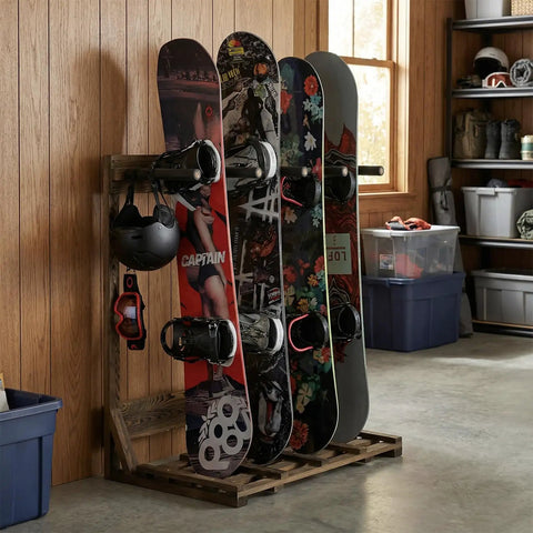 Rustic Burnt Wood Freestanding Surfboard Rack, 4 Foot Tall Vertical Stand For Indoor Storage with colorful boards in garage.