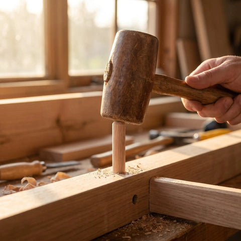 Craftsman using hammer to insert 100 Piece Wood Dowels 6x30mm Fluted Dowel Pins With Beveled Ends for woodworking project