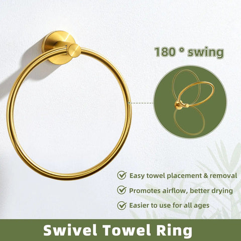 Brushed Dark Gold Towel Ring For Bathroom Wall, Heavy Duty SUS 304 Stainless Steel Hand Towel Holder with 180-degree swivel