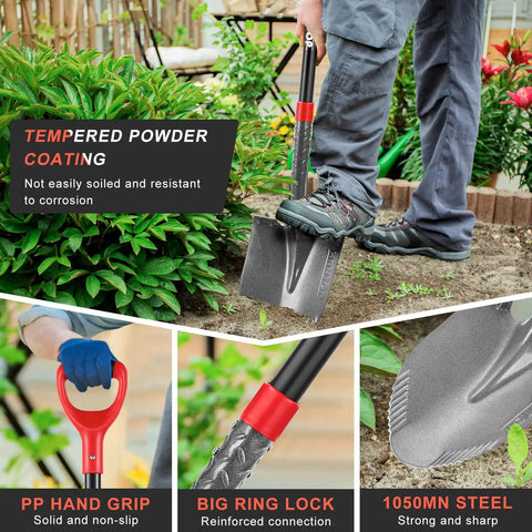 Gardener using Round Garden Shovel With Fiberglass Handle For Gardening And Landscaping Heavy Duty Digging Spade With 1050MN Steel Blade And Sawtooth Edge 43 Inch Long For Tough Ground And Construction Projects.