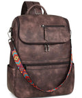 Leather Laptop Backpack For Women With Independent Laptop Compartment Fits Up To 15.6 Inches in Coffee with colorful strap.