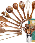Must Have Go To Kitchen Utensil Set With Holder Natural Teak Wood Tools For Cooking including spatula, whisk, and ladle