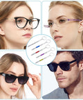 Collage showing four people with glasses and the Five Color Mini Eyeglass Screwdriver Set With Non Slip Handles in the center