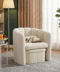 Super Snug White Barrel Accent Chair With Storage Ottoman In Thick Teddy Boucle Fleece Plush Lounge Seating For Living Room with cat.