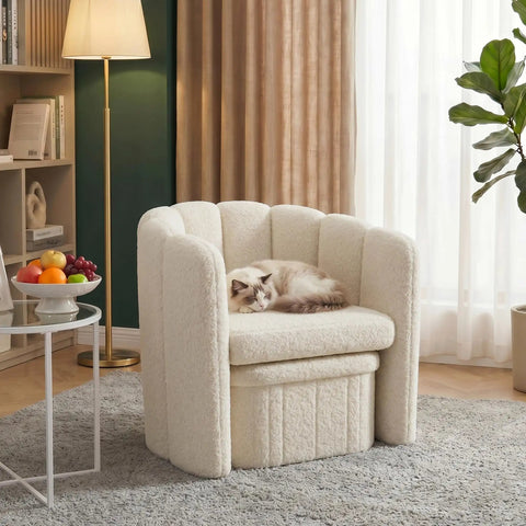Super Snug White Barrel Accent Chair With Storage Ottoman In Thick Teddy Boucle Fleece Plush Lounge Seating For Living Room with cat.