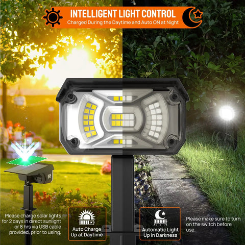Super Bright 40 LED Solar Landscape Lights Pack Of 6 With 3 Modes High Low Off Waterproof Outdoor Spotlights showing day-night operation