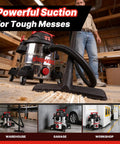 Heavy Duty Eight Gallon Wet And Dry Shop Vacuum With Badass Four Point Five Peak Horsepower Motor and Corrosion Proof Stainless Steel Tank for tough messes in garage.