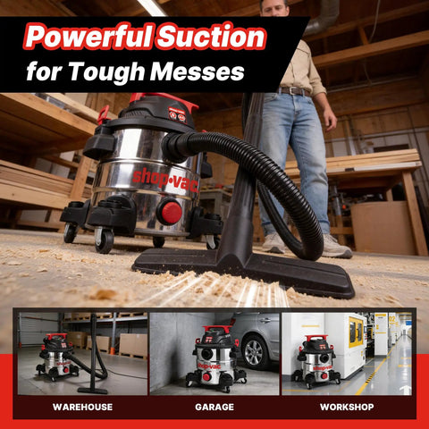 Heavy Duty Eight Gallon Wet And Dry Shop Vacuum With Badass Four Point Five Peak Horsepower Motor and Corrosion Proof Stainless Steel Tank for tough messes in garage.