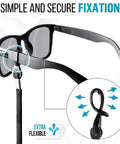 Close-up of No Slip Eyeglasses Strap Set with solid clip loop securing black glasses, featuring extra flexible design.