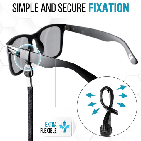 Close-up of No Slip Eyeglasses Strap Set with solid clip loop securing black glasses, featuring extra flexible design.