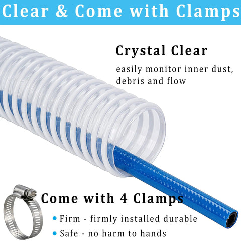 Shop Tested Heavy Duty Clear Flexible Dust Collection Hose 1 1/2 Inch By 20 Feet showing crystal clear PVC with blue helix and clamps.