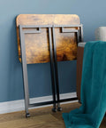 Folding Rolling Computer Desk For Small Spaces, Portable Laptop Cart On Wheels, Rustic Brown And Black Finish folded by sofa