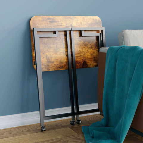 Folding Rolling Computer Desk For Small Spaces, Portable Laptop Cart On Wheels, Rustic Brown And Black Finish folded by sofa