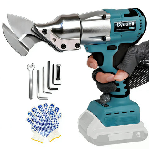 Cordless 14 Gauge Sheet Metal Cutter With 360 Degree Pivoting Head And 400Nm Brushless Motor Electric Metal Shears For Stainless Steel Leather Carpet And Iron Compatible With 18V Batteries Tool Only, shown with accessories.