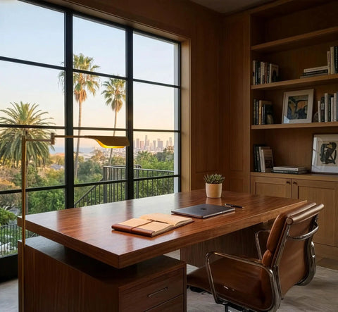Stylish home office with view, wooden desk, leather chair, bookshelves, and city skyline, Leaf Pharmacy LED Reading Lamp With Dimmable Floor Lamp Design Adjustable Rotation Over Chair Or Desk Perfect For Living Rooms And Offices Sewing And Crafts Antique Brass Finish.