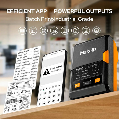 Beast Mode Ready 2 Inch Print Head Portable Industrial Label Printer With Bluetooth, Mobile App And PC Editor on a wooden table.