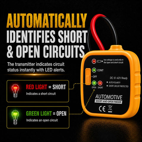 Auto Wire Tracer Open And Short Finder For DC 6 To 42V Vehicles And Home Wiring, Handy Circuit Breaker Finder, Electrical Tester, Fault Probe, Cable Tracker, Car Wire Locator, Broken Wire Detector Tool, shown with LED open/short indicators