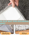 Hand applying Eight Pack Rug Tape Pads Non Slip Rug Pad Gripper to rug corner on carpet, showing before and after comparison.