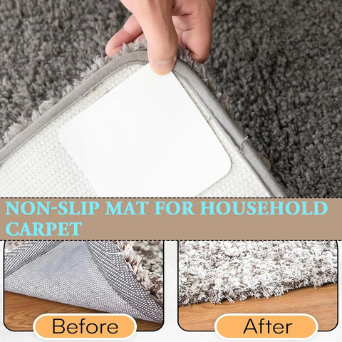 Hand applying Eight Pack Rug Tape Pads Non Slip Rug Pad Gripper to rug corner on carpet, showing before and after comparison.