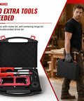 Job Site Ready Door Hinge Jig Kit and Lock Installation Template With Tough Hard Shell Storage Case displayed open with tools.