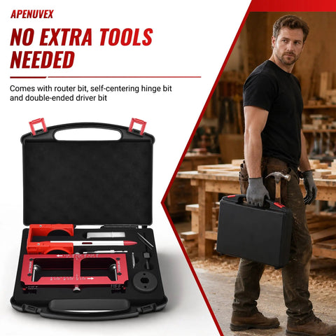 Job Site Ready Door Hinge Jig Kit and Lock Installation Template With Tough Hard Shell Storage Case displayed open with tools.