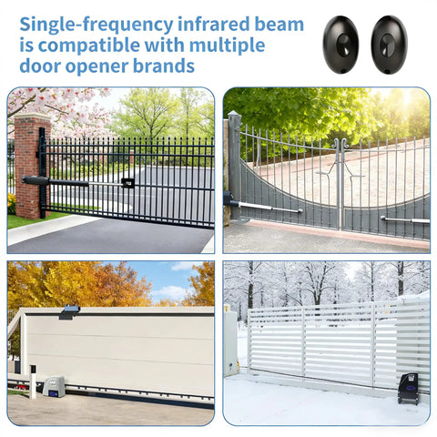 Infrared Photocell Beam Sensor For Automatic Swing Gates And Garage Doors shown in various outdoor installations
