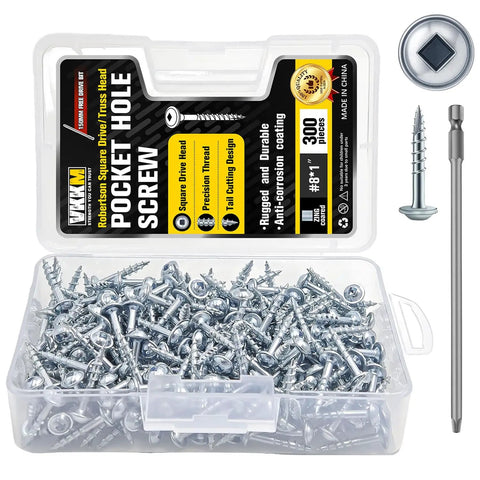 Pocket Hole Screws Set 300 Pcs 8x1 Inch Zinc Coated Carbon Steel With Square Drive Robertson Head clear case with screws