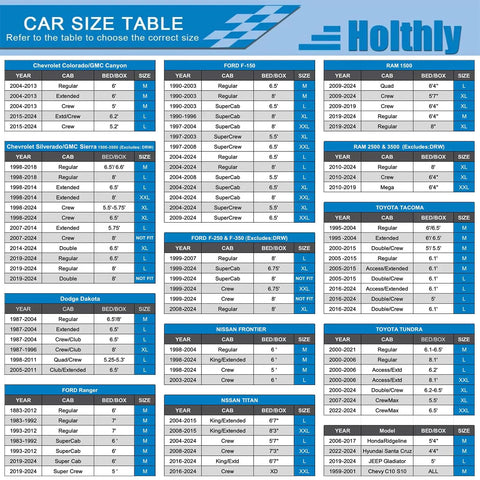 Car size table with dimensions for various truck models suitable for all weather truck cover up to 210 inches waterproof and UV guard