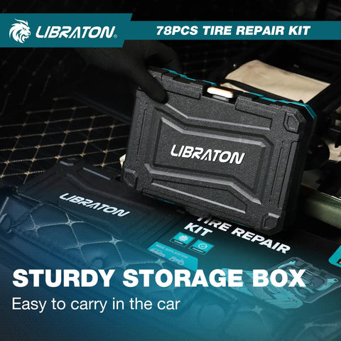 78 Piece Professional Tire Repair Kit With Heavy Duty Plugs Insertion Wrench Needle Nose Pliers Utility Cutter Tire Pressure Pen And Nitrile Gloves For No Hassle Roadside Flat Fixes And Road Trip Rescue storage case in hand, ideal for emergency tire repairs.