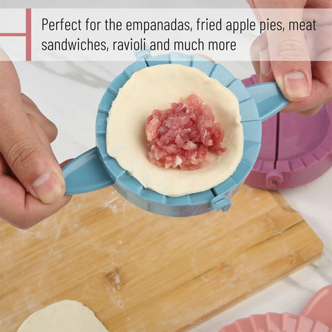 Three Size Dough Press Set In Vibrant Colors For Dumplings Empanadas Pastries Turnovers Hand Pies And Meat Pies shown in use
