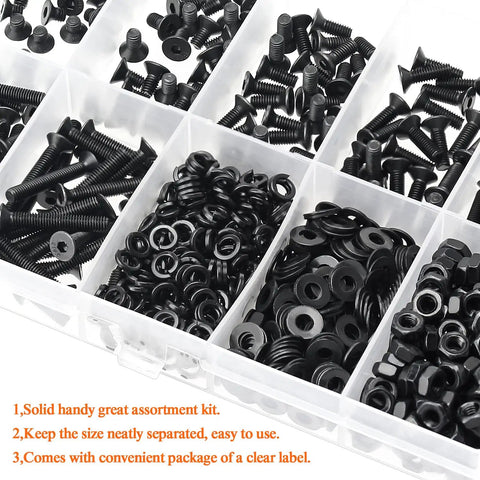 560 Pc M3 To M20 Countersunk Socket Cap Screws Kit With Hex Nuts, Lock Washers And Flat Washers, organized in a plastic case