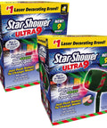 Outdoor Holiday Laser Light Projector Set Of 2 With 9 Enhanced Modes packaging showing projector and red-green laser display