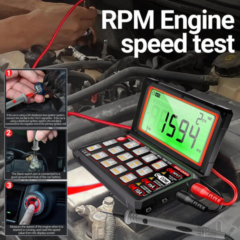 Beast Pro Grade Automotive Multimeter With 20000 Counts, Flip LCD testing car RPM engine speed and connections in use.