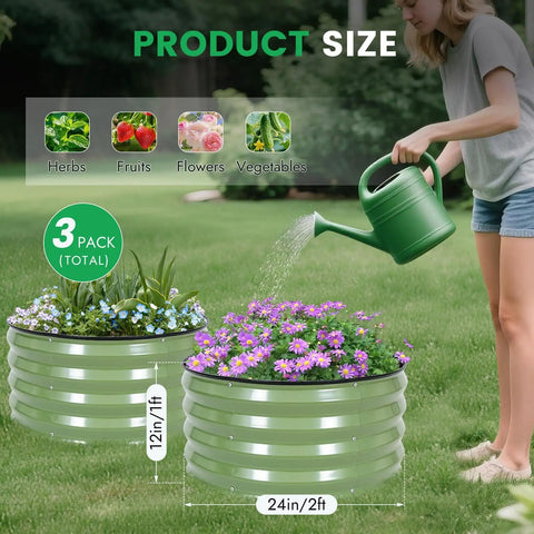 Three Round Galvanized Raised Garden Beds Kit 2 Foot Diameter By 1 Foot Deep Outdoor Planter Boxes For Vegetables Fruits Herbs And Flowers Olive Green No Fuss Setup Durable Weatherproof Design