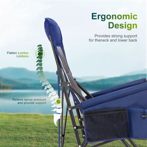 Side view of ergonomic oversized folding camping chair with high back support, showing lumbar design for adults' comfort and durability.