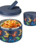 12Oz Insulated Vacuum Food Jar With Buckle Lid For Hot Food Wide Mouth Thermo Lunch Container Leakproof Stainless Steel Kids Lunch Jar Blue Dinosaur Design Ideal For School And On The Go, open with spaghetti inside