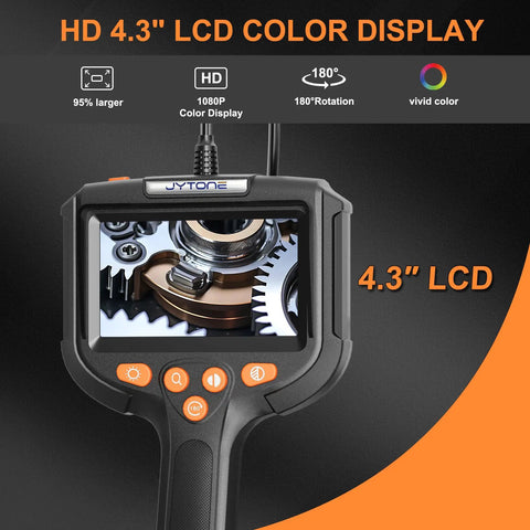 Lighted Borescope With 4.3 Inch HD Display And 5.5mm Waterproof Lens For Cars, Pipes And Tight Spots, 6.6 Feet Cable, 180 Degree Rotatable View, Color Adjust And Zoom For Quick, Easy Inspections. Handheld borescope with 4.3-inch LCD and control buttons