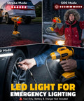 No Fuss Cordless Tire Inflator Workhorse With Blazing Fast Airflow And Totally Foolproof Digital Gauge Auto Shut Off quick fill pump lighting modes in use, LED, strobe, and SOS.