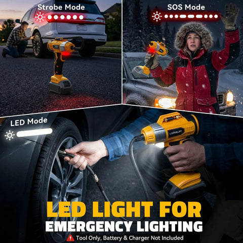 No Fuss Cordless Tire Inflator Workhorse With Blazing Fast Airflow And Totally Foolproof Digital Gauge Auto Shut Off quick fill pump lighting modes in use, LED, strobe, and SOS.