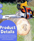 Chainsaw cutting through a log with STIHL inscribed, highlighting the comfortable three-finger grip for secure control.