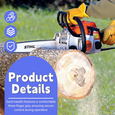 Chainsaw cutting through a log with STIHL inscribed, highlighting the comfortable three-finger grip for secure control.